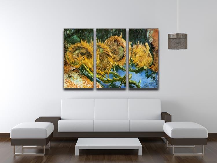 Three-panel canvas print featuring Van Gogh's Four Cut Sunflowers, showcasing vibrant colors and intricate details.