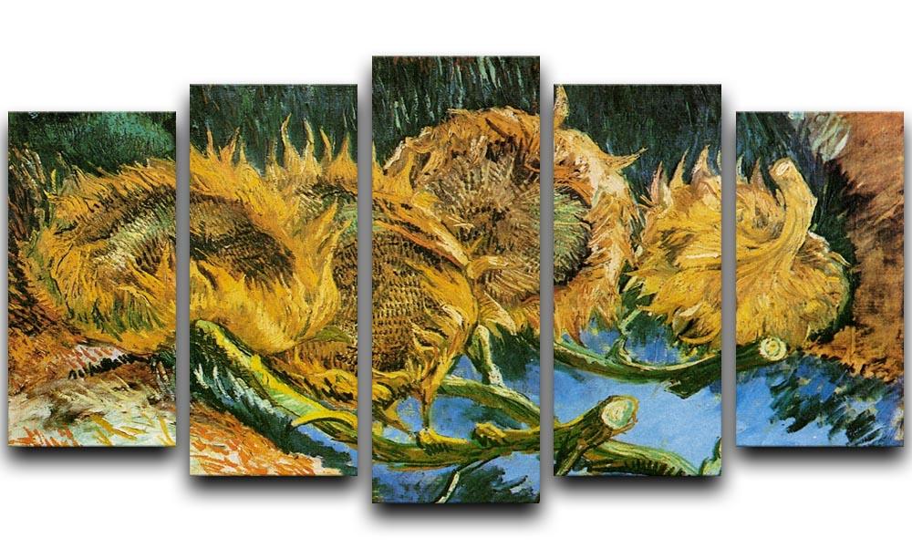 Five-panel canvas artwork featuring Van Gogh's Four Cut Sunflowers, showcasing vibrant colors and intricate details.