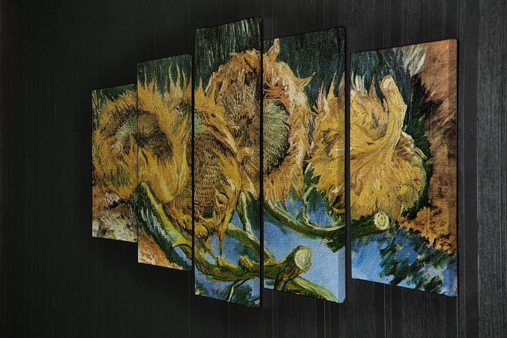 Five-panel canvas artwork featuring Van Gogh's Four Cut Sunflowers, showcasing vibrant colors and intricate details.