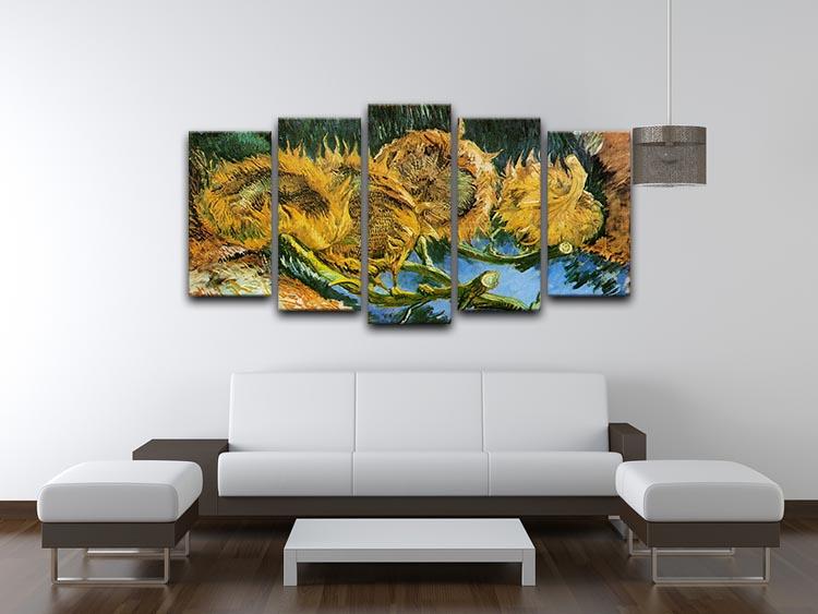 Five-panel canvas artwork featuring Van Gogh's Four Cut Sunflowers, showcasing vibrant colors and intricate details.