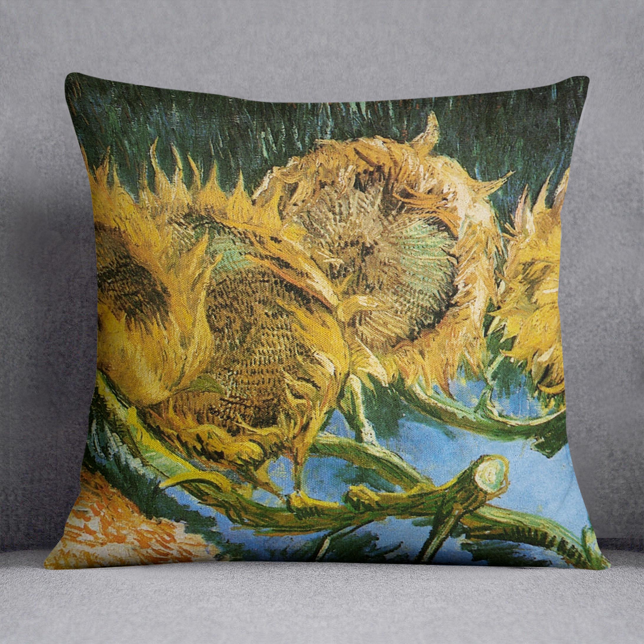 A vibrant cushion featuring Van Gogh's Four Cut Sunflowers design, made from luxurious vegan faux suede.