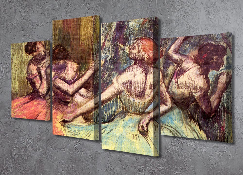 Four Dancers Behind the Scenes 2 by Degas, split into four panels, showcasing elegant ballet dancers in motion.