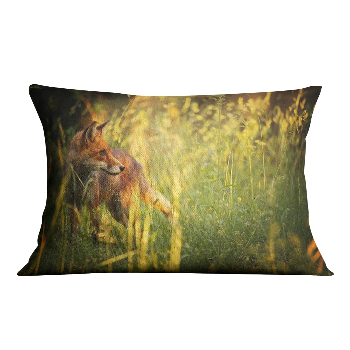 A vibrant Fox on the Summer Forest Cushion featuring colorful abstract designs on luxurious vegan faux suede.