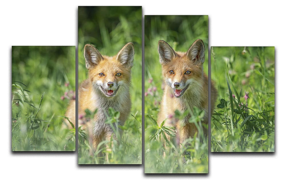 A vibrant 4-split canvas artwork featuring dynamic foxes in motion, showcasing nature's beauty in four distinct panels.