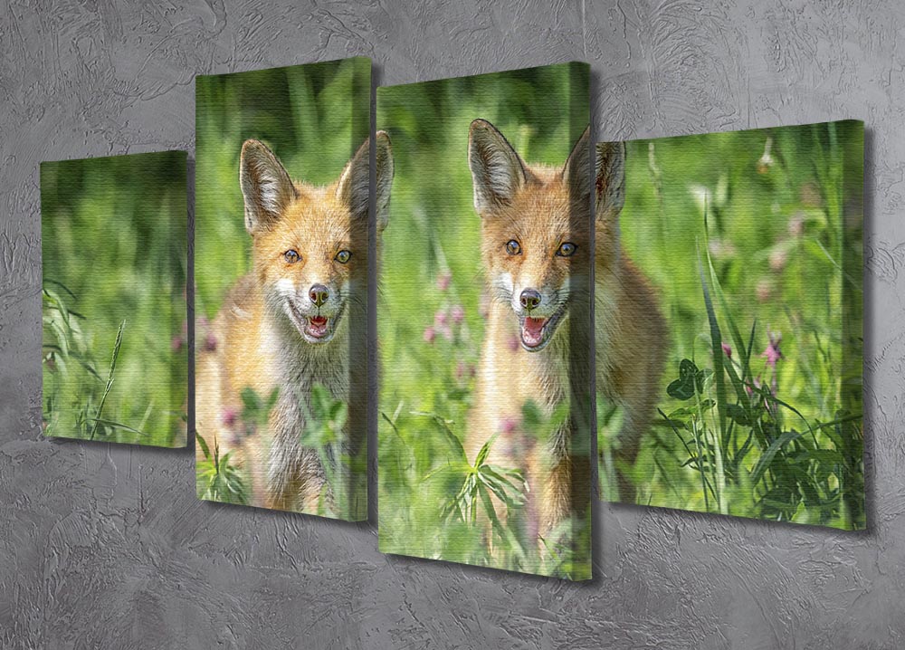 A vibrant 4-split canvas artwork featuring dynamic foxes in motion, showcasing nature's beauty in four distinct panels.