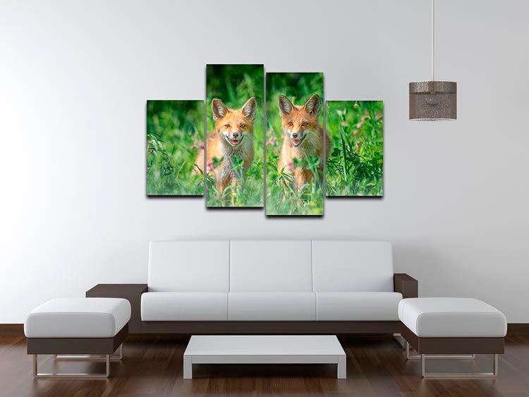 A vibrant 4-split canvas artwork featuring dynamic foxes in motion, showcasing nature's beauty in four distinct panels.