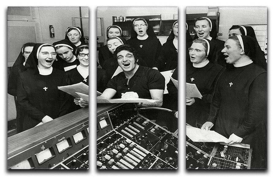 Frankie Vaughan and nuns 3-panel canvas print showcasing vibrant artwork, perfect for home decor.