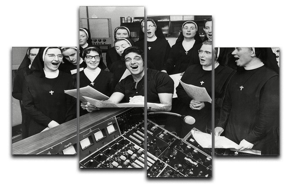 Frankie Vaughan and nuns 4 Split Panel Canvas artwork displayed in a modern setting, showcasing its dynamic design and vibrant colors.