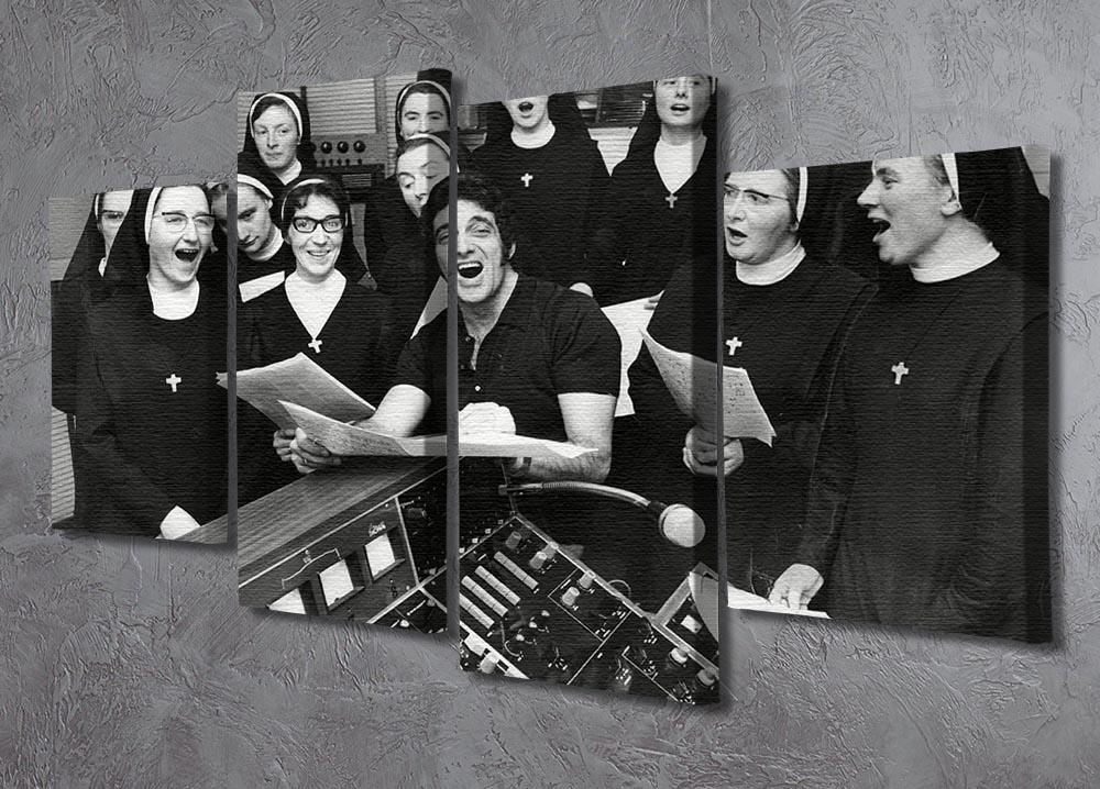 Frankie Vaughan and nuns 4 Split Panel Canvas artwork displayed in a modern setting, showcasing its dynamic design and vibrant colors.