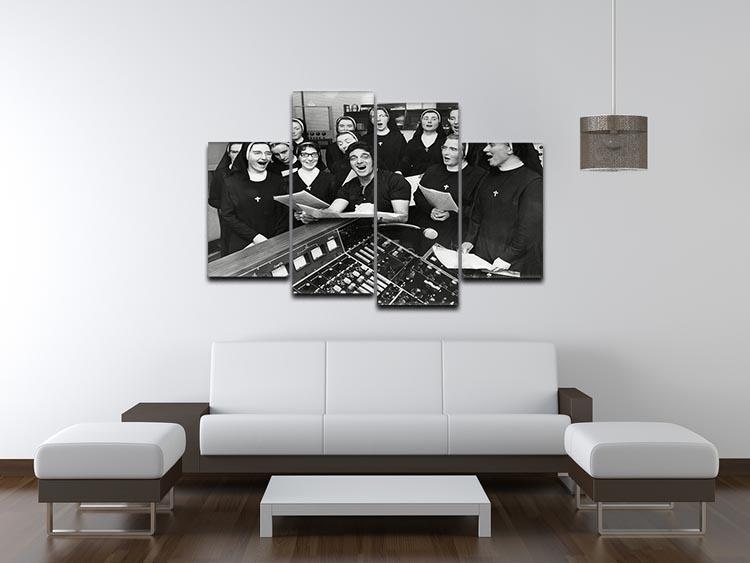Frankie Vaughan and nuns 4 Split Panel Canvas artwork displayed in a modern setting, showcasing its dynamic design and vibrant colors.