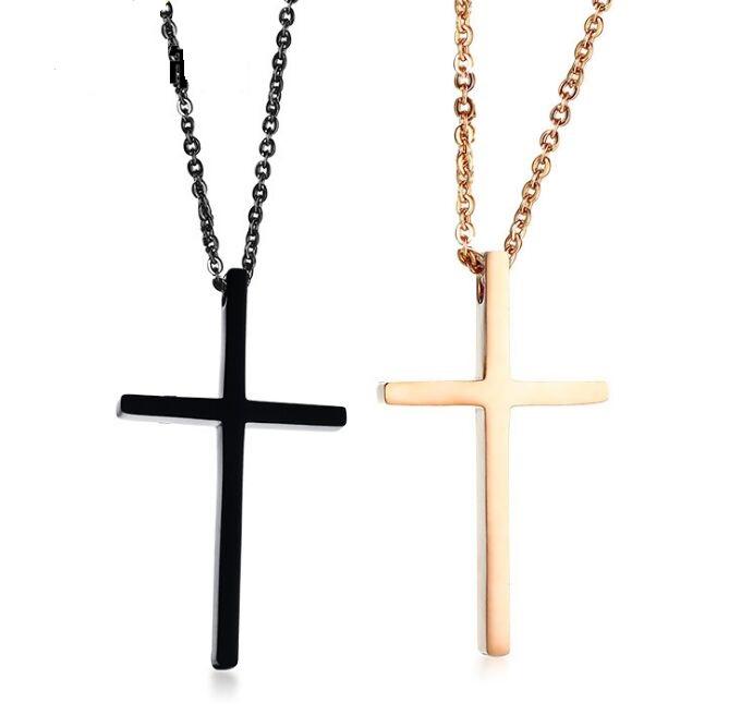 Black rose gold cross stainless steel pendant on a link chain, showcasing its elegant design and hypoallergenic features.