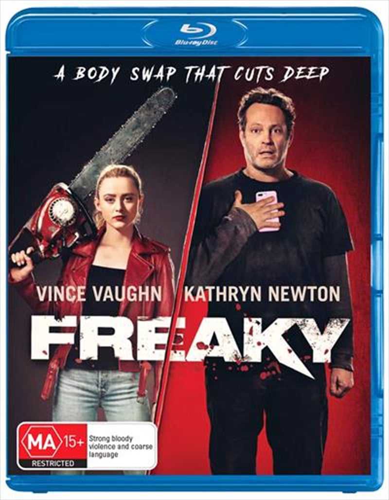 Freaky Blu-ray cover featuring Millie Kessler and The Butcher, showcasing a blend of horror and comedy elements.