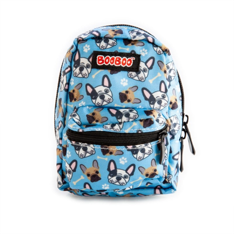 French Bulldog BooBoo Mini Backpack with a light blue background and French Bulldog pattern, featuring elastic straps and a carabiner clip.