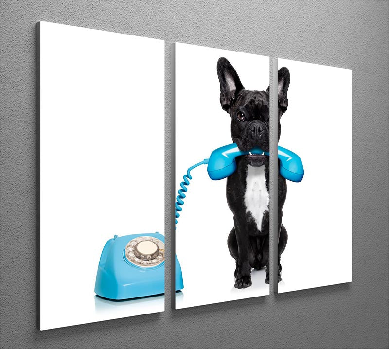 Three-panel canvas art featuring a French bulldog holding a phone in its mouth, perfect for home decor.