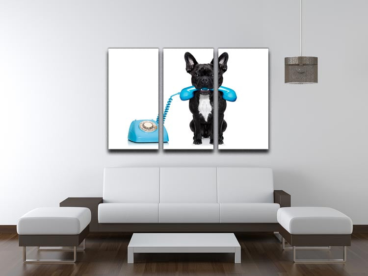 Three-panel canvas art featuring a French bulldog holding a phone in its mouth, perfect for home decor.