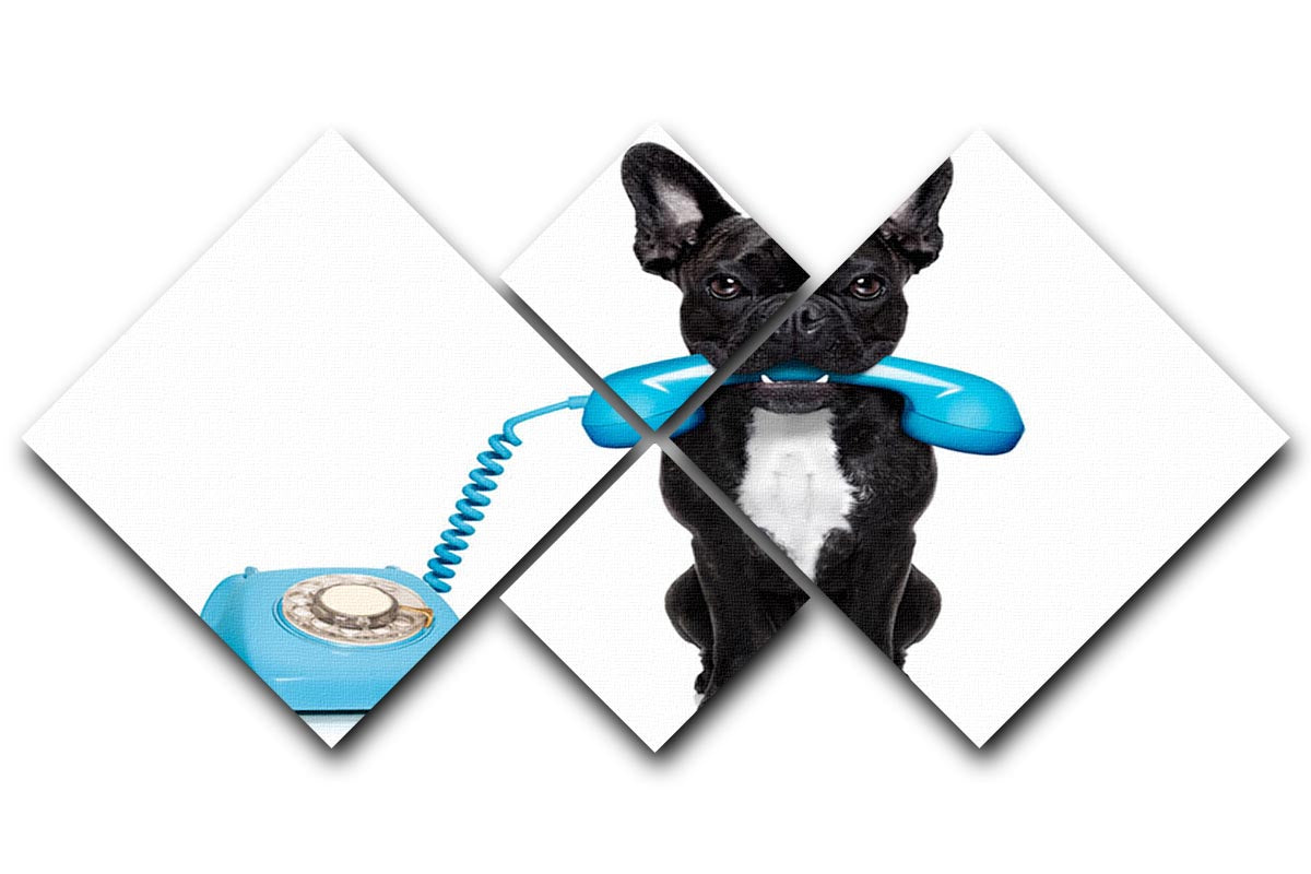 Charming French bulldog artwork with a telephone in its mouth, displayed in a 4-square canvas format.