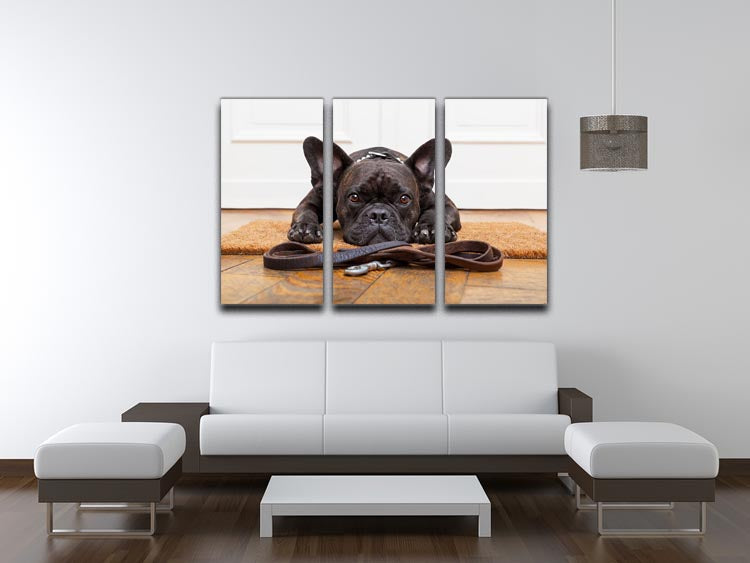 A charming 3-panel canvas art featuring a French bulldog eagerly waiting for a walk, showcasing vibrant colors and intricate details.