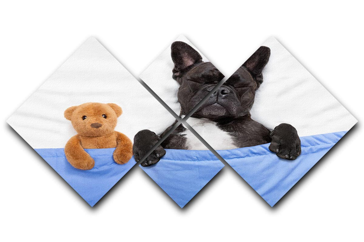 A charming 4-square canvas artwork featuring a French bulldog sleeping in bed, showcasing its adorable expression.