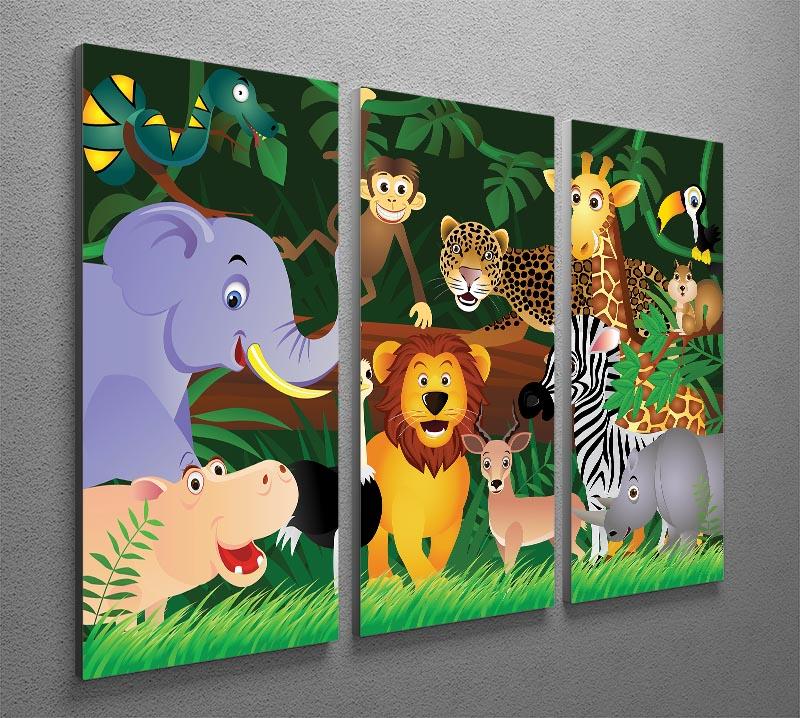 A vibrant 3-panel canvas print featuring friendly jungle animals, perfect for home decor.