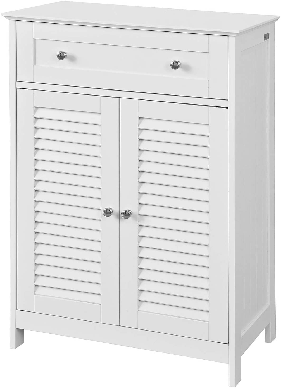 White freestanding storage cabinet with two doors and a drawer, designed for efficient organization in any room.