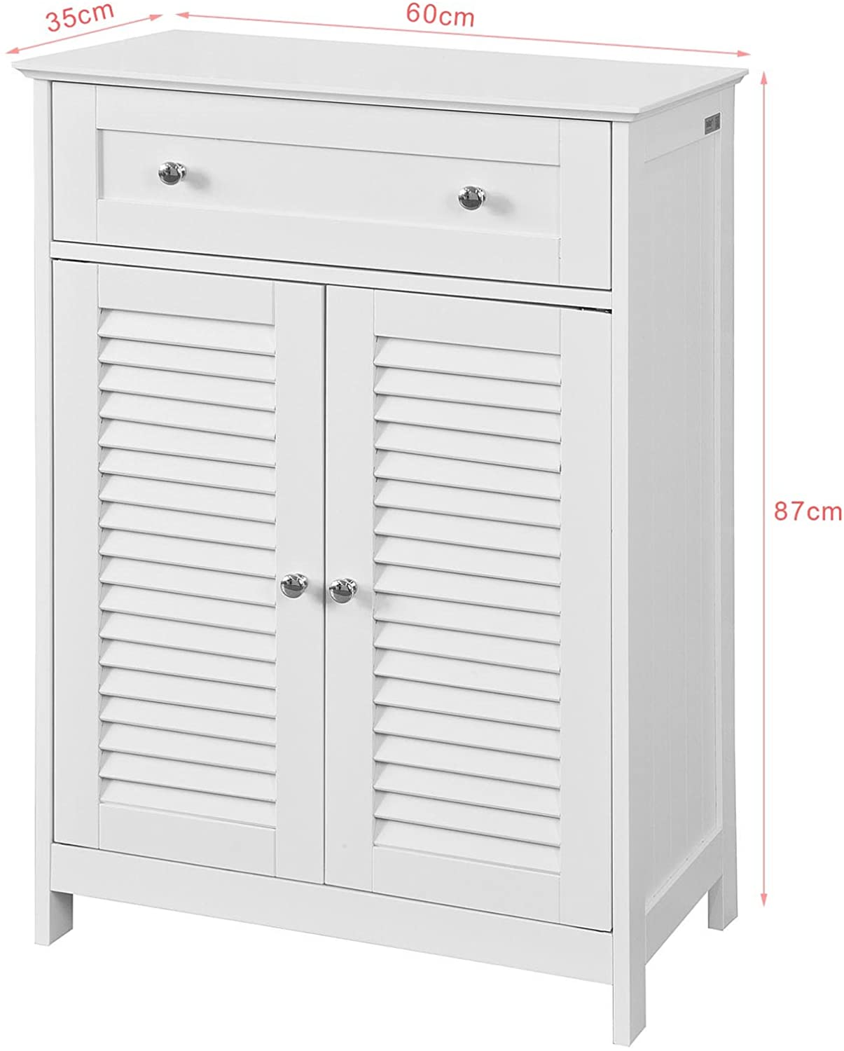 White freestanding storage cabinet with two doors and a drawer, designed for efficient organization in any room.