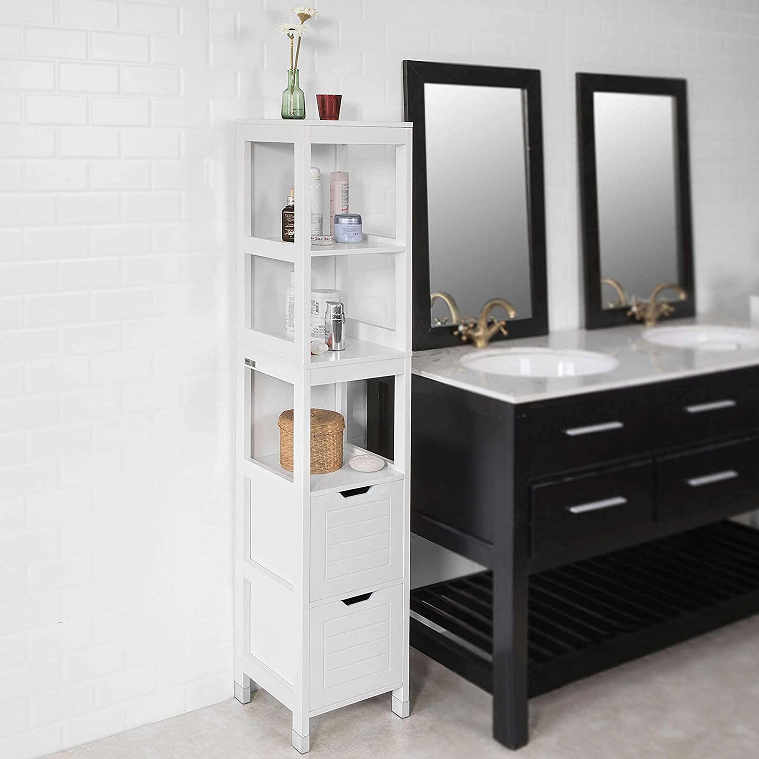 Freestanding tall cabinet featuring four shelves and two drawers, made of engineered wood, ideal for storage and organization.