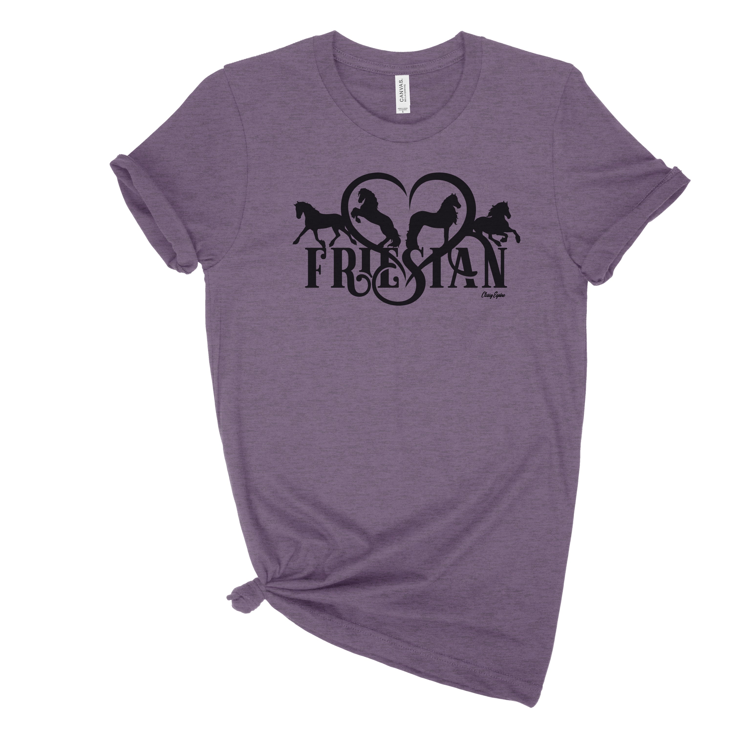 Friesian Heart Unisex Tee Shirt featuring four Friesian horse silhouettes on a soft cotton fabric.