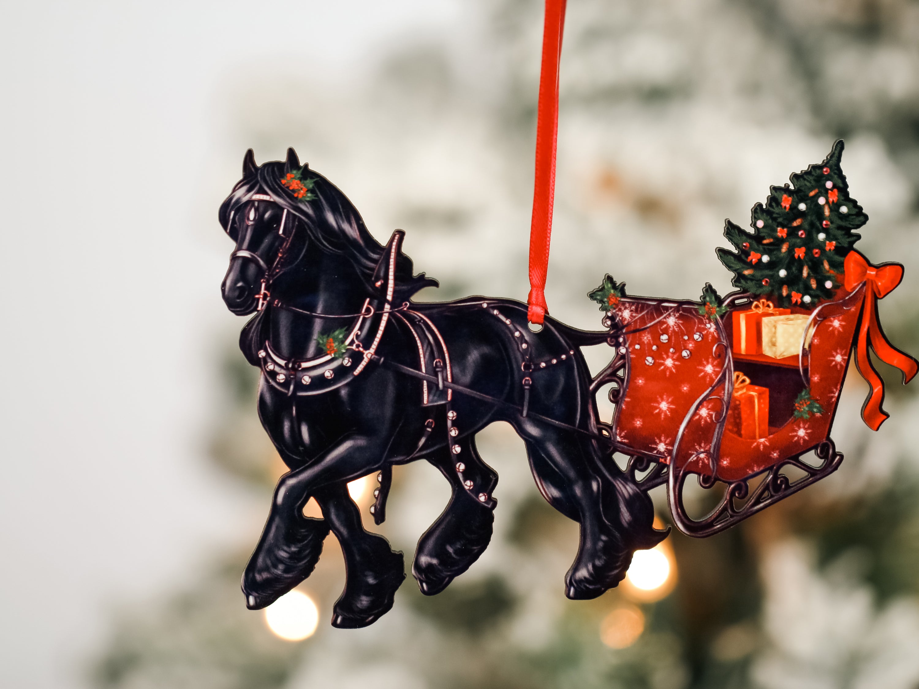 Friesian Horse Christmas Ornament featuring a black horse pulling a sleigh, handmade from composite wood with a glossy finish.