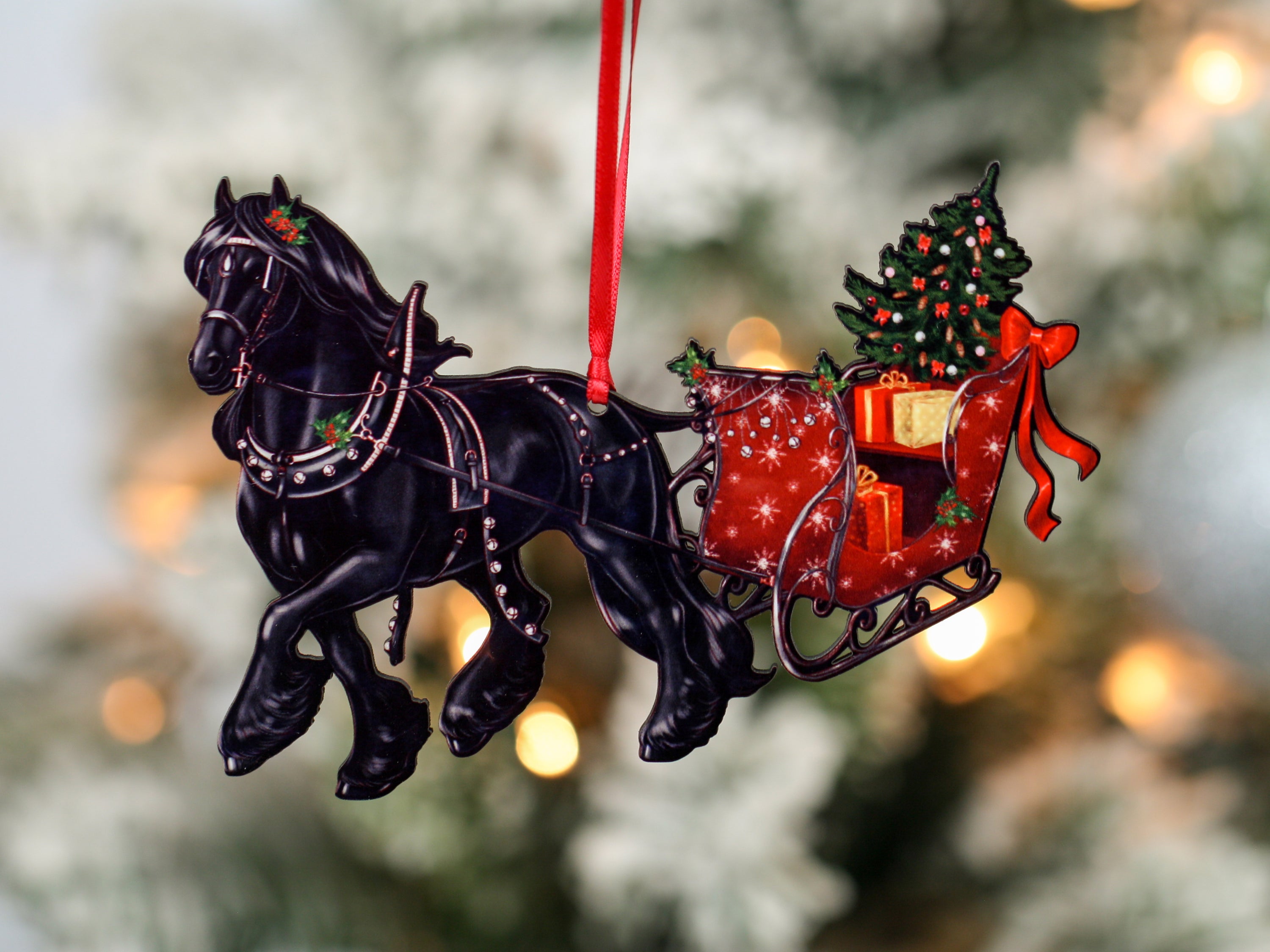 Friesian Horse Christmas Ornament featuring a black horse pulling a sleigh, handmade from composite wood with a glossy finish.