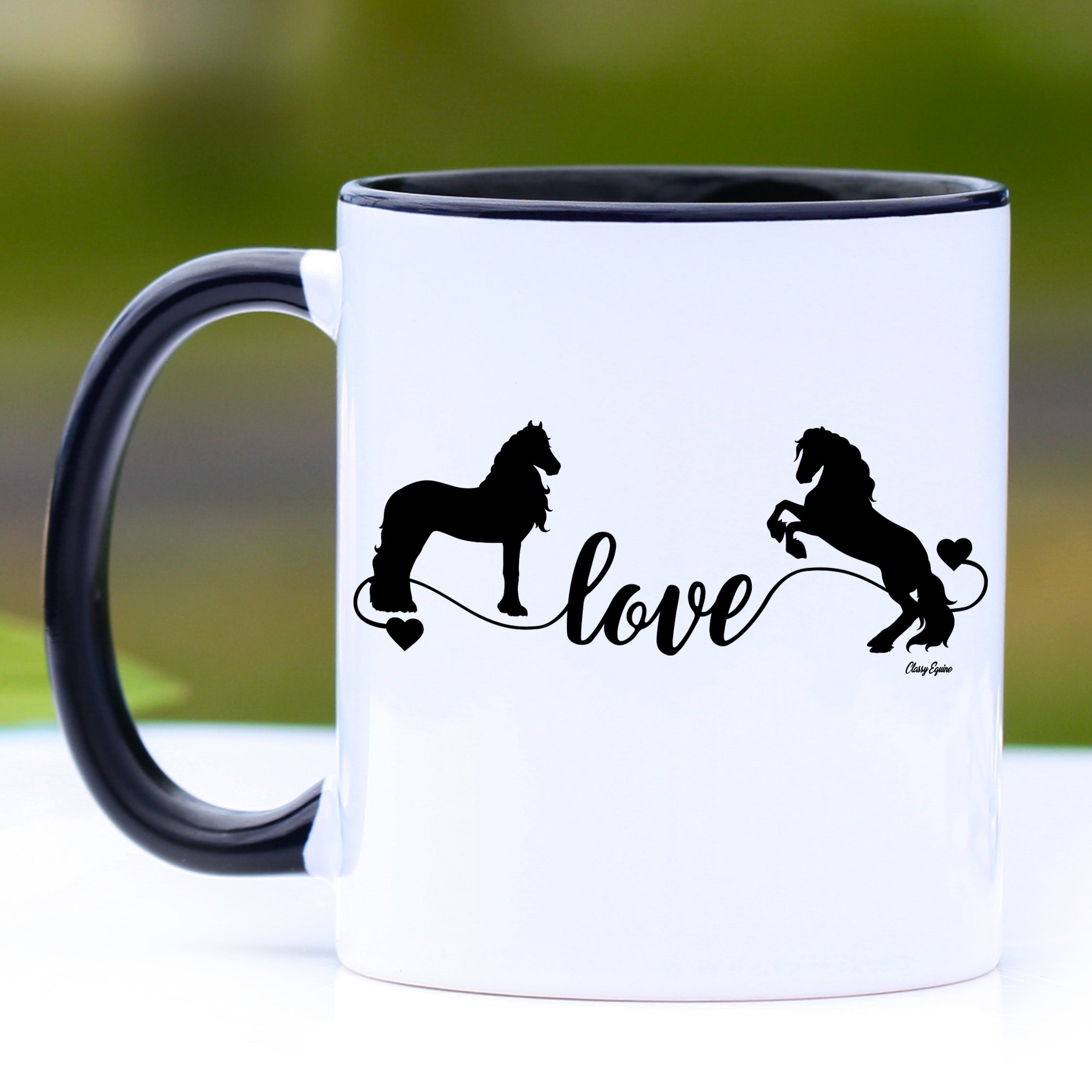 Friesian Horse Love Coffee Mug with black handle and interior, showcasing a stylish design for horse lovers.