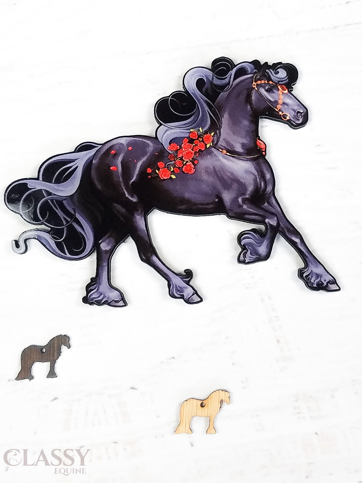 Friesian Horse Ornament III featuring a black horse with red and gold decorations, made from composite wood, perfect for hanging.