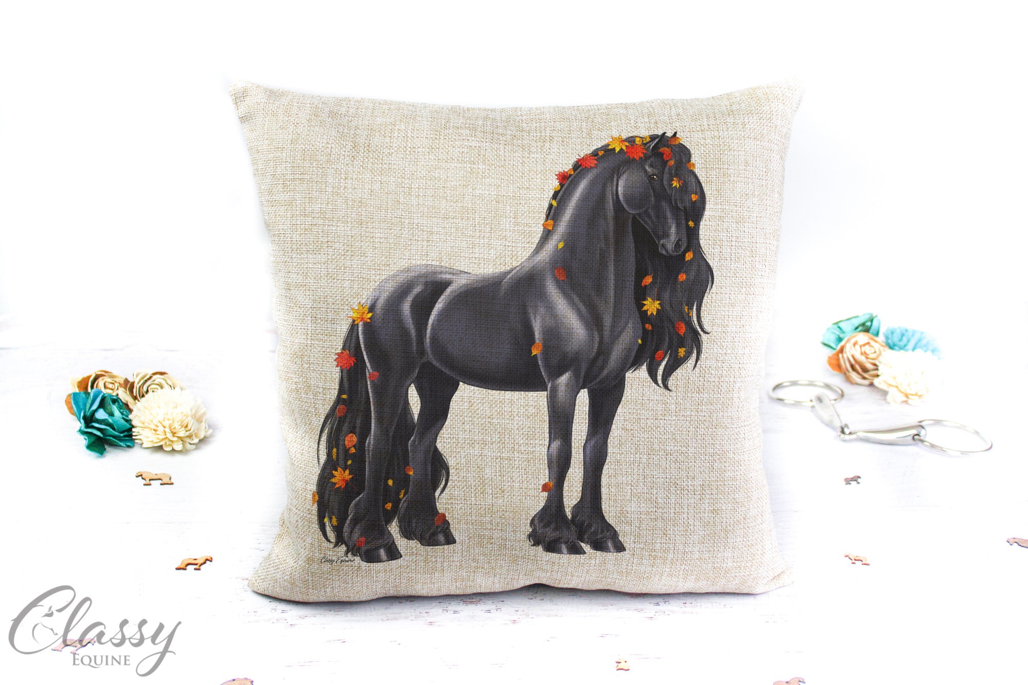 A 16x16 faux burlap pillow cover featuring an elegant Friesian horse design in autumn colors, perfect for home decor.
