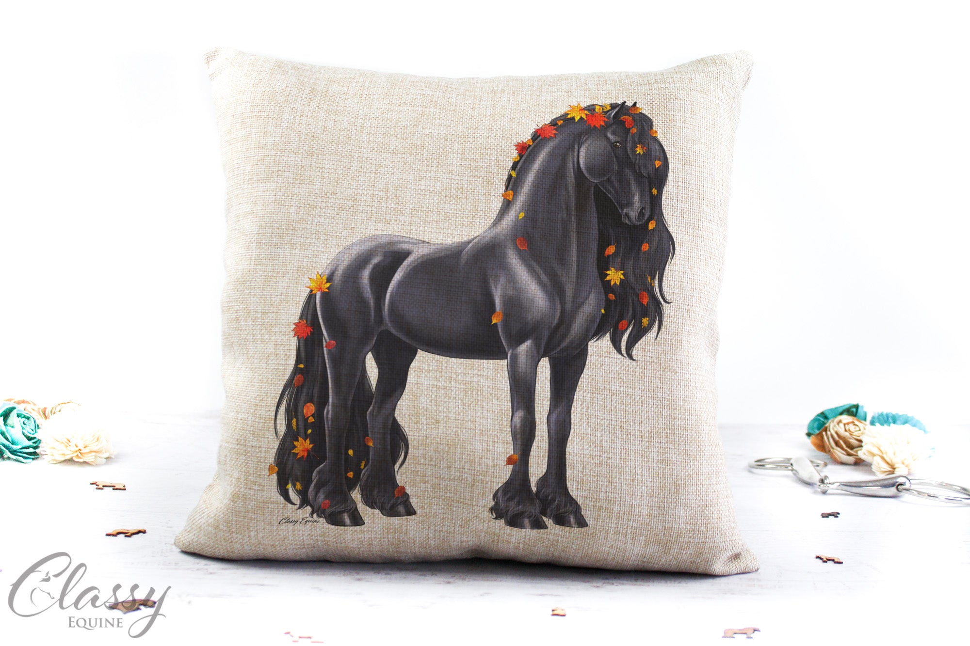 A 16x16 faux burlap pillow cover featuring an elegant Friesian horse design in autumn colors, perfect for home decor.