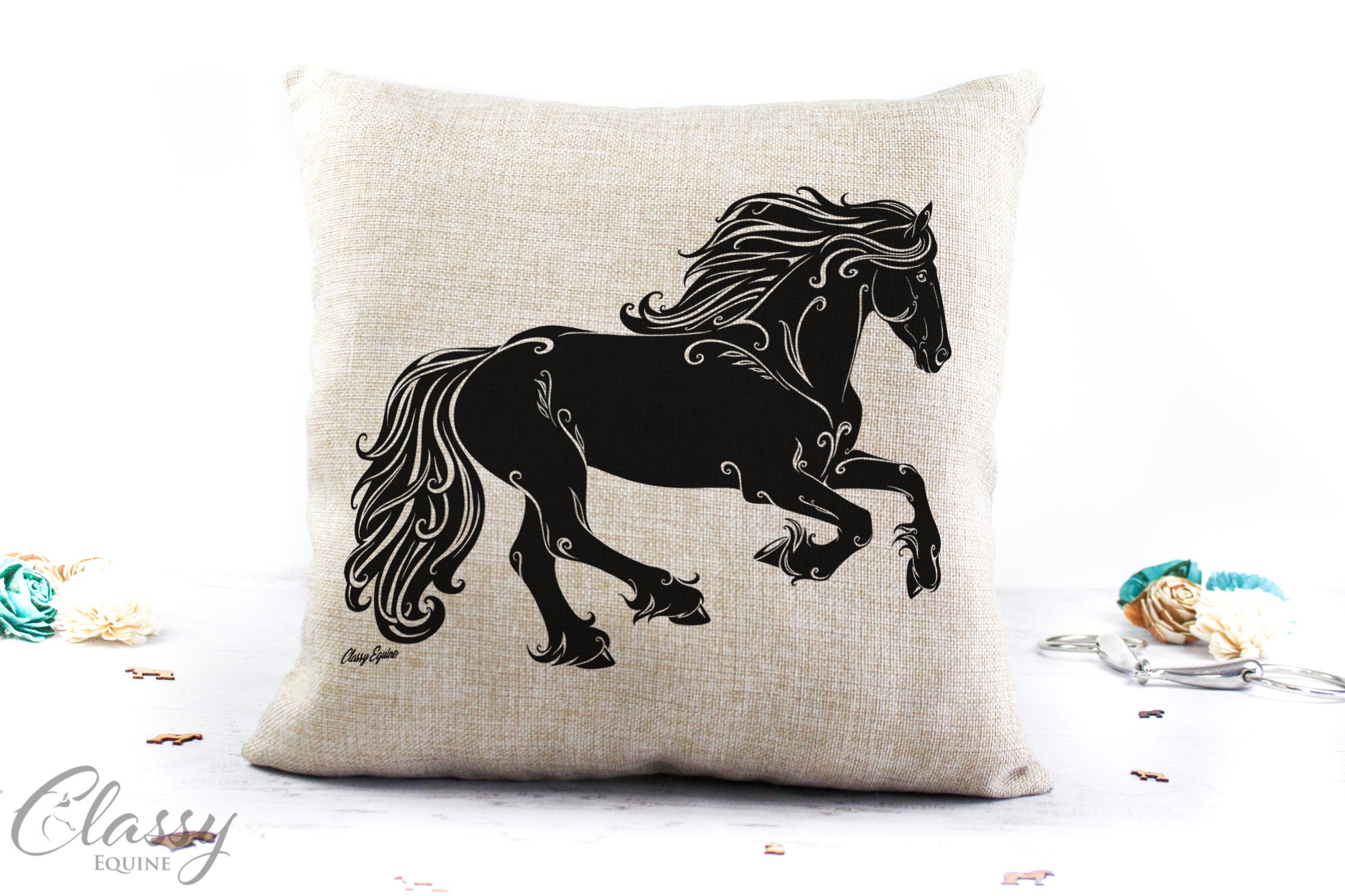 A stylish 16x16 faux burlap pillow cover featuring a delightful cantering Friesian horse design, perfect for home decor.