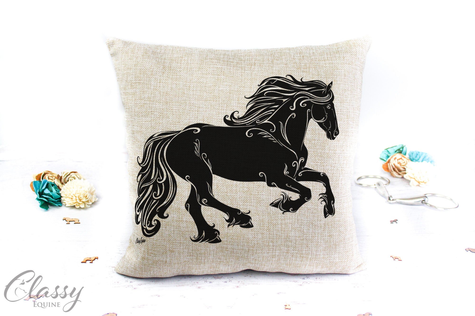 A stylish 16x16 faux burlap pillow cover featuring a delightful cantering Friesian horse design, perfect for home decor.