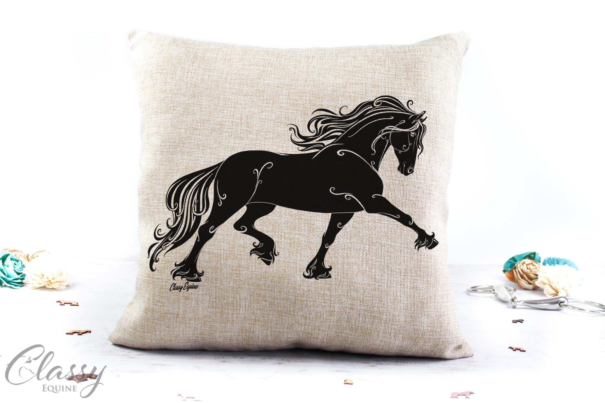 A stylish 16x16 faux burlap pillow cover featuring a flowing Friesian horse in an extended trot, perfect for home decor.