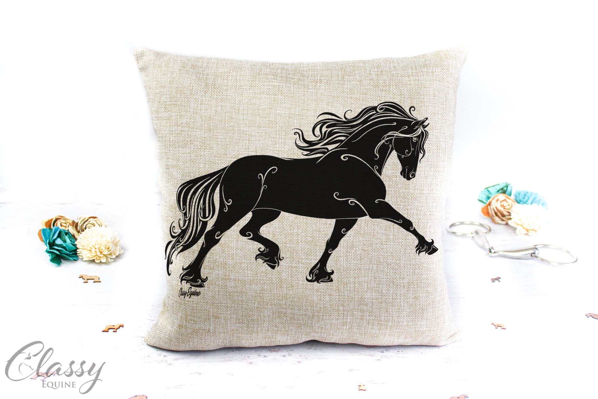 A stylish 16x16 faux burlap pillow cover featuring a flowing Friesian horse in an extended trot, perfect for home decor.