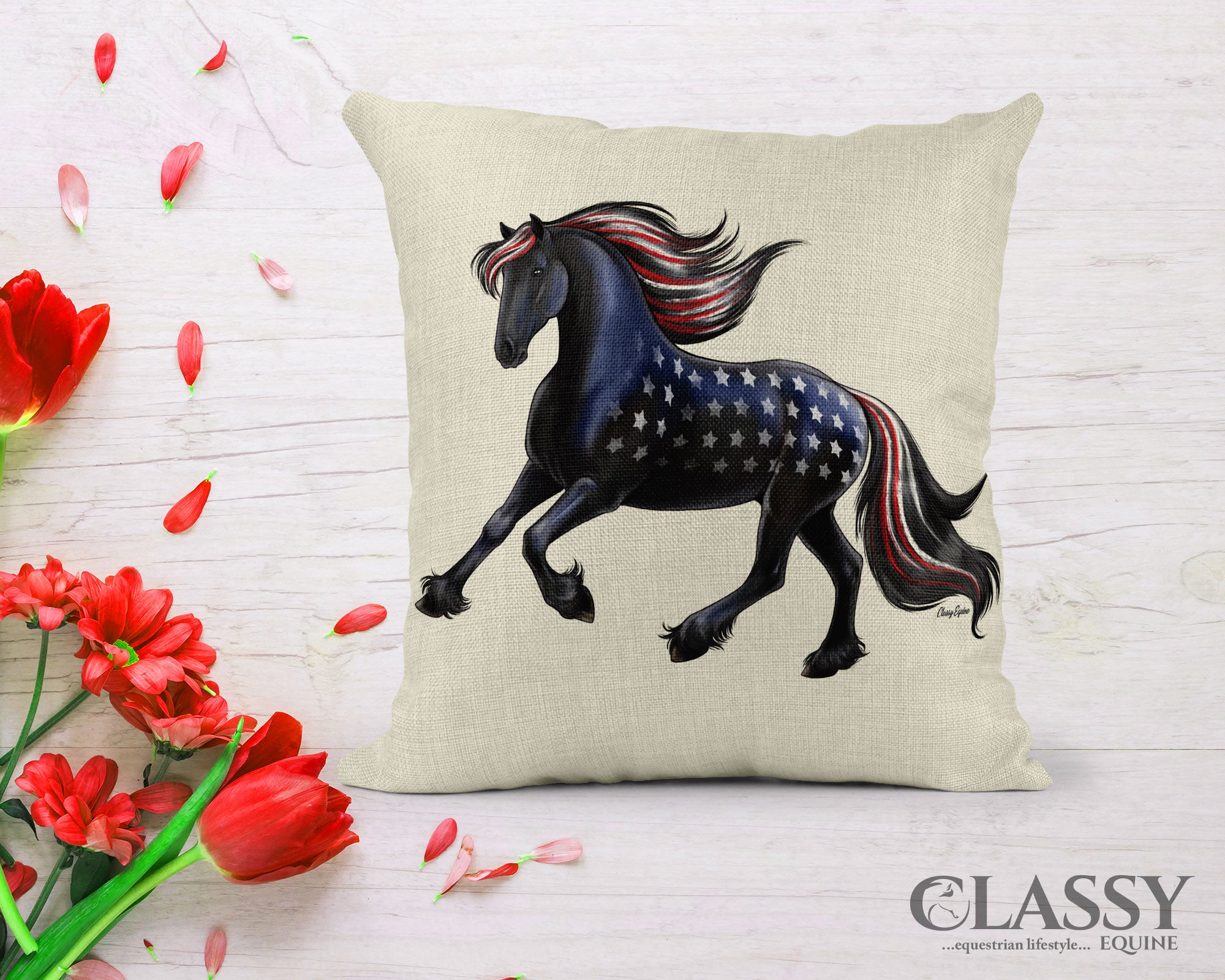 A decorative pillow cover featuring a patriotic cantering Friesian horse design on faux burlap fabric, perfect for home decor.