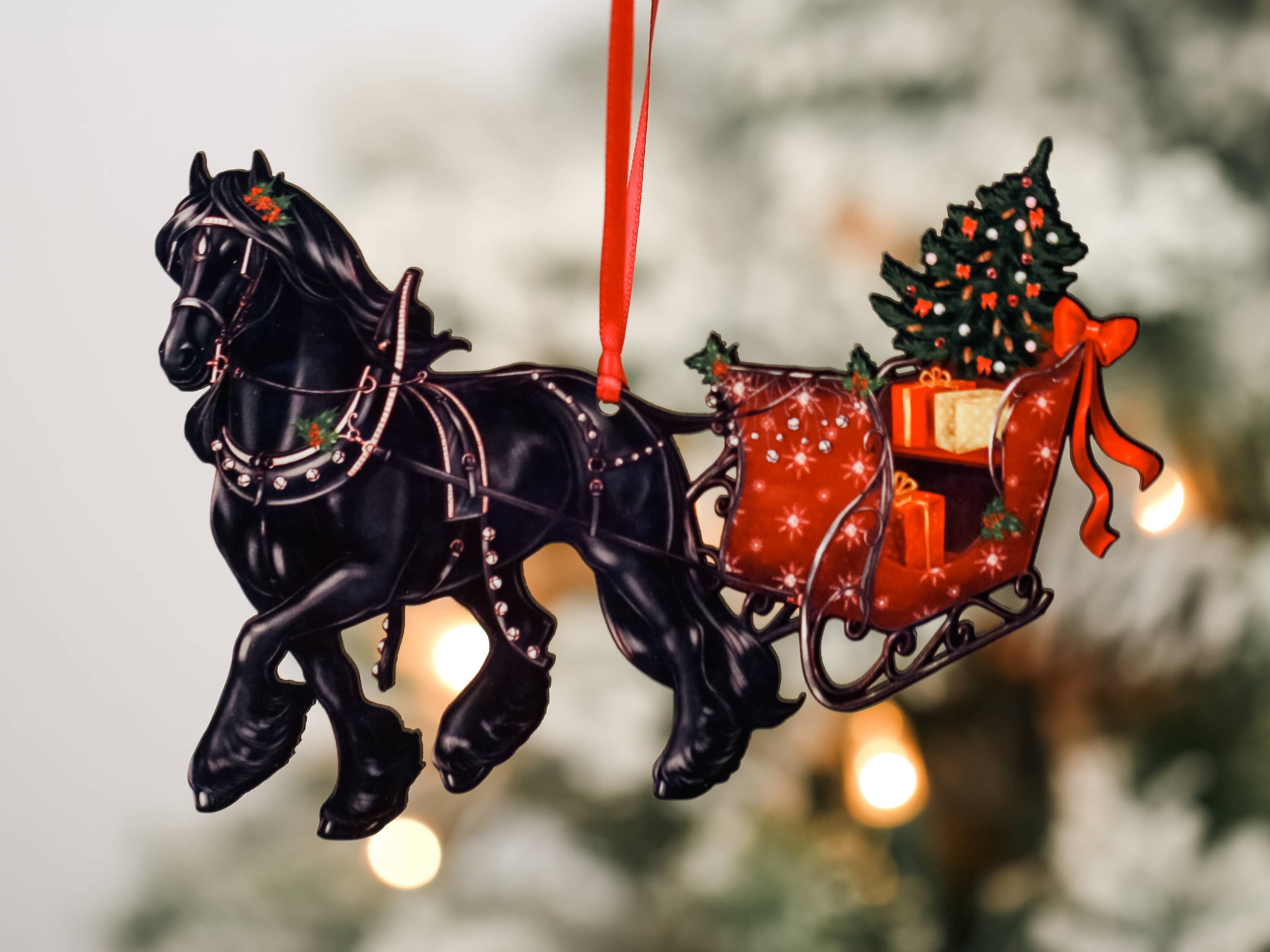 Elegant Friesian Horse sleigh ornament, handmade from composite wood, featuring a glossy finish and intricate laser-cut design.