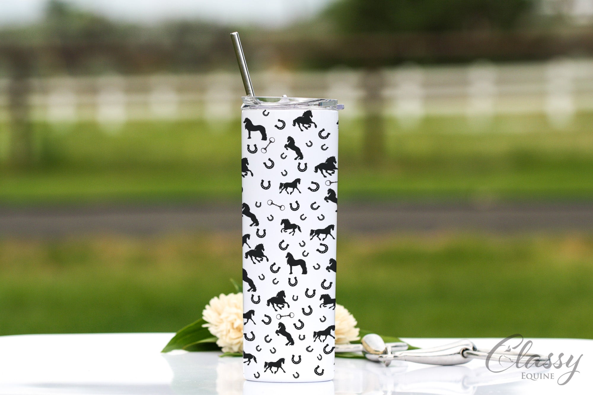 Friesian Horses All Around 20 oz Skinny Tumbler with Straw featuring a horse silhouette design.