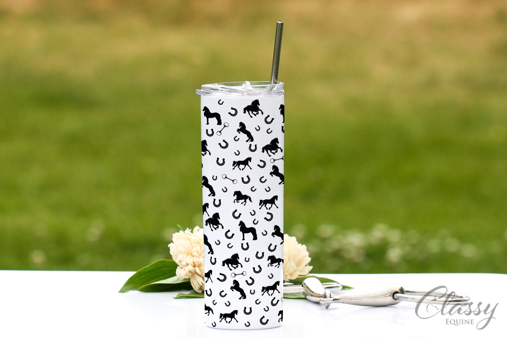 Friesian Horses All Around 20 oz Skinny Tumbler with Straw featuring a horse silhouette design.
