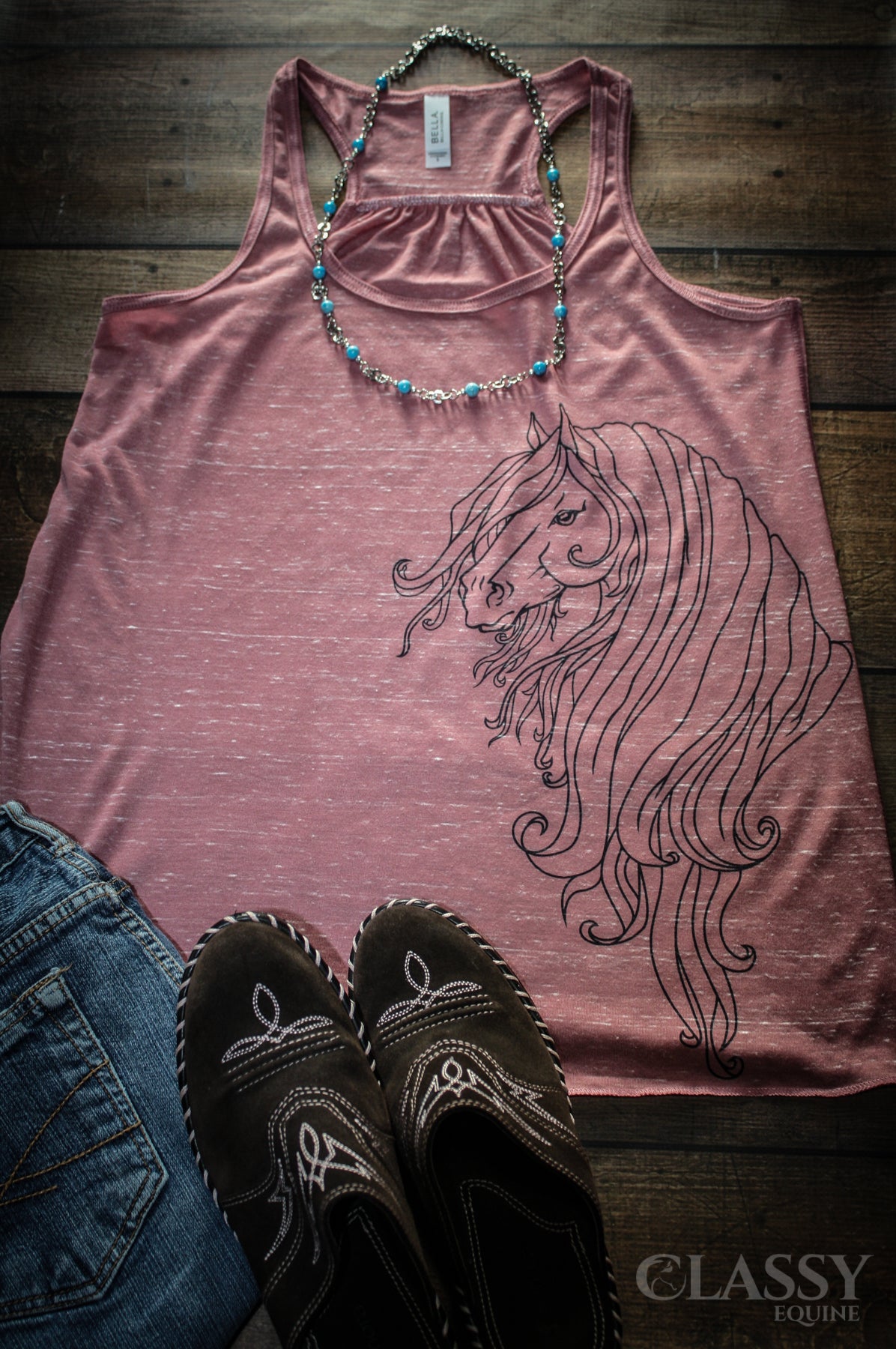 Friesian Mare tank top in Mauve Marble color, showcasing a flowy relaxed fit and stylish design.