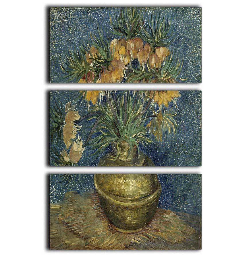 A beautiful 3-panel canvas print featuring vibrant fritillaries in a copper vase, ideal for home decor.