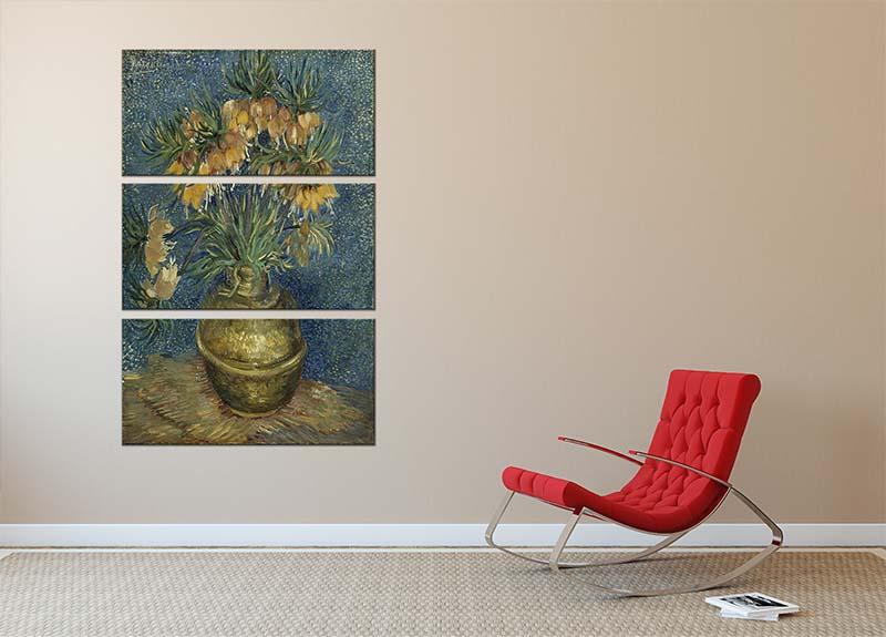 A beautiful 3-panel canvas print featuring vibrant fritillaries in a copper vase, ideal for home decor.