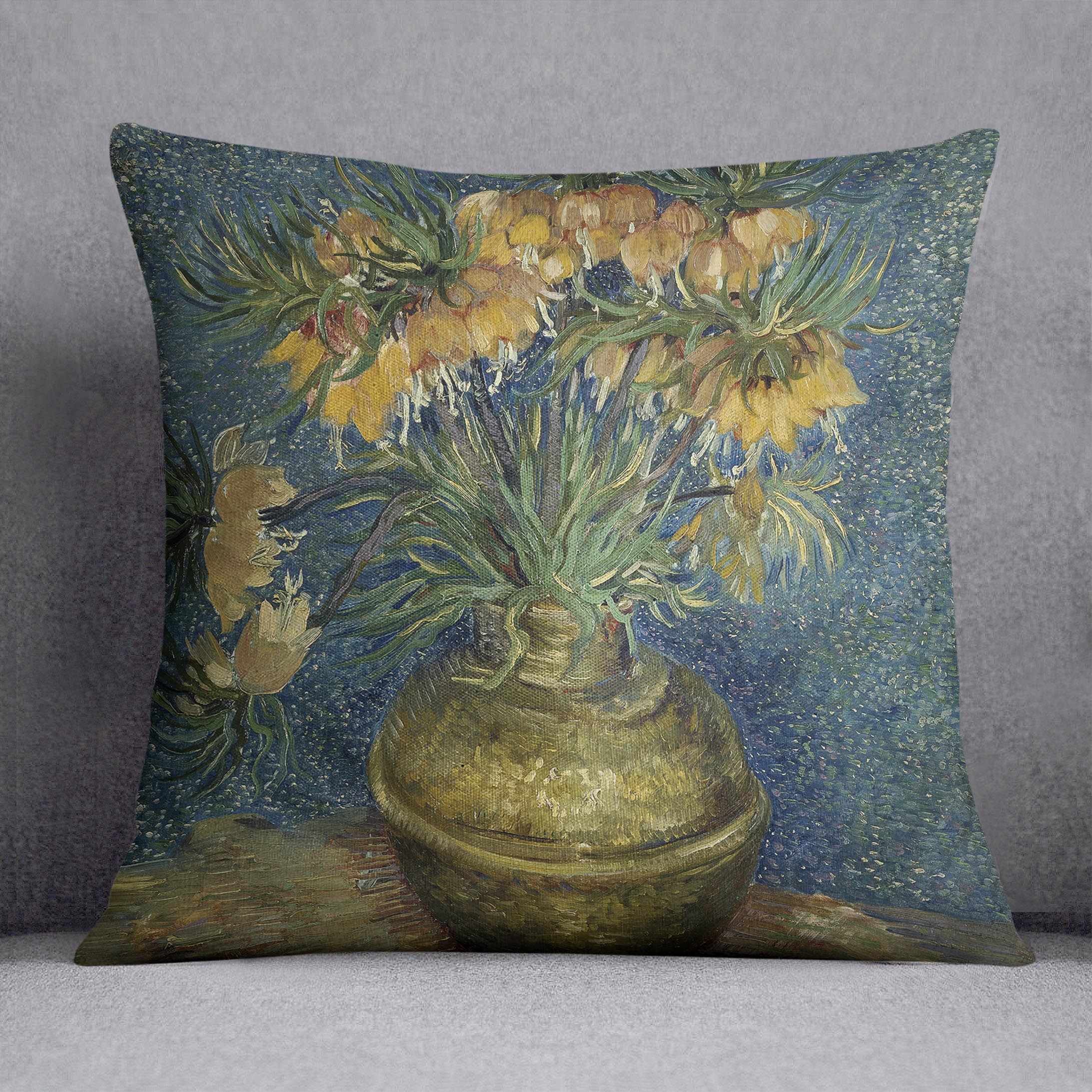 A vibrant cushion featuring Fritillaries in a copper vase design, made from luxurious vegan faux suede, showcasing its colorful abstract pattern.