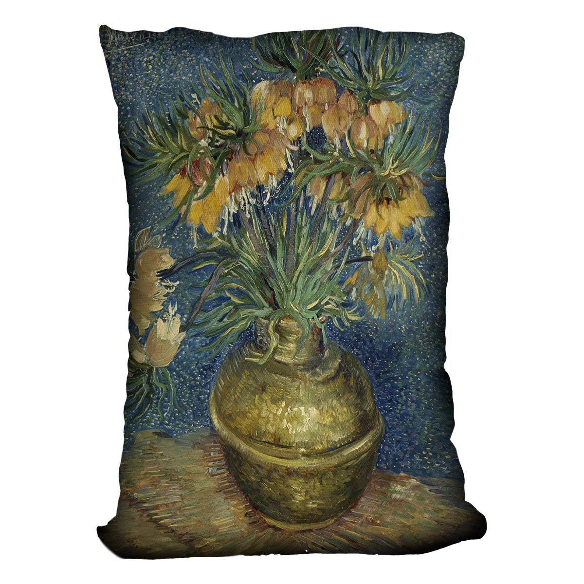A vibrant cushion featuring Fritillaries in a copper vase design, made from luxurious vegan faux suede, showcasing its colorful abstract pattern.