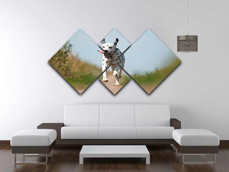 A vibrant 4-square canvas artwork featuring a Dalmatian dog running energetically, divided into four panels.