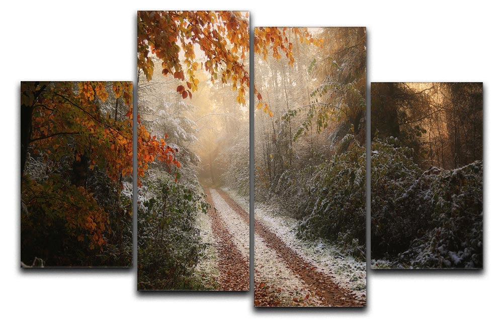 Frosty Fall 4 Split Panel Canvas artwork featuring vibrant autumn colors and serene nature imagery, displayed in a modern setting.