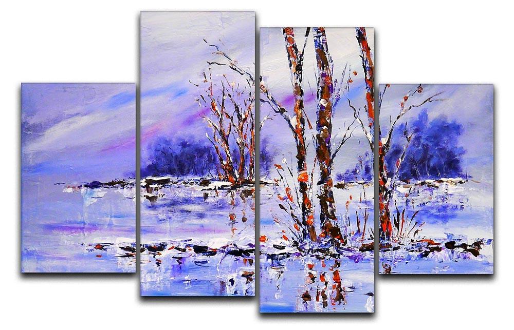 A beautiful Frozen Tree Painting divided into four panels, showcasing a serene winter landscape with intricate details and calming colors.