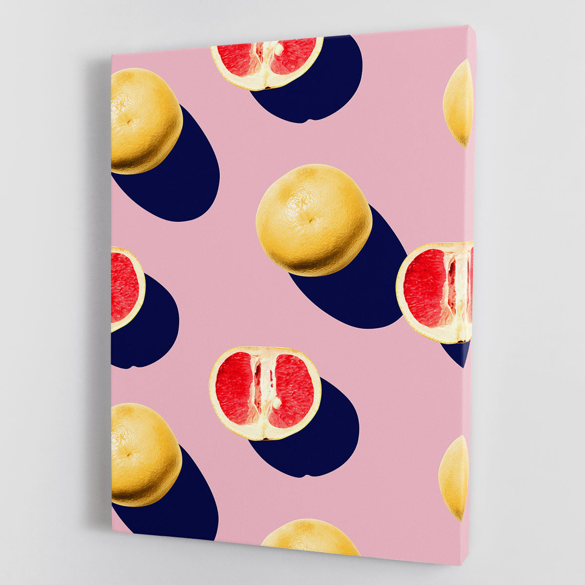 A vibrant fruit canvas print featuring an assortment of colorful fruits like apples, oranges, and berries, beautifully arranged on a textured background.